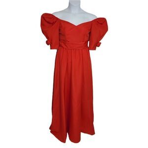VINTAGE 70s dress cherry red puff sleeve off shoulder taffeta formal‎ prom XS/S